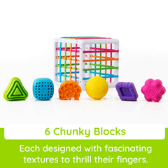 InnyBin six chunky blocks shown during play for little hands.