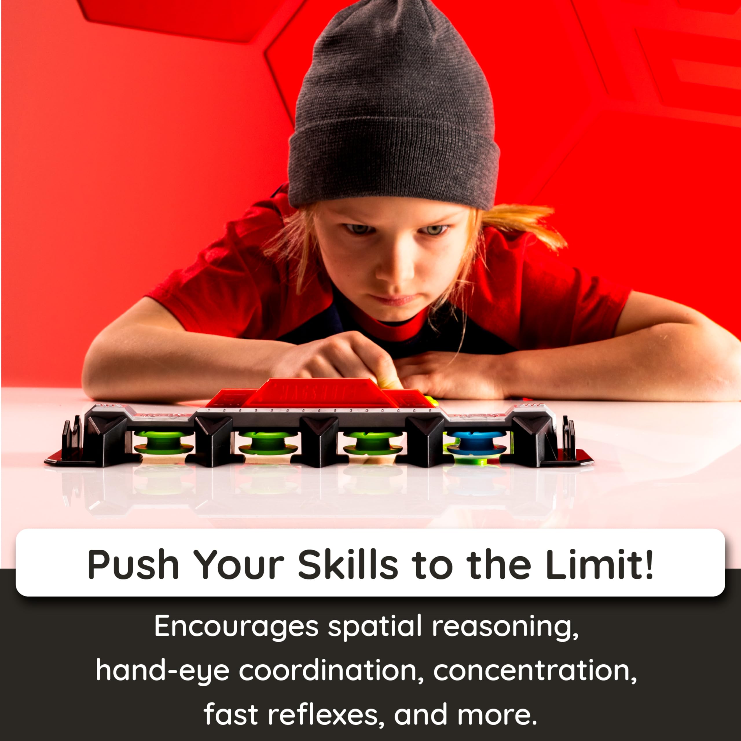 Fat Brain Toys Magshuto blue Mag-Pod snapping into a slot during play