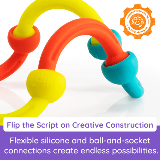 Fat Brain Toys Plip Kit connectors showcase soft textures for tactile construction.