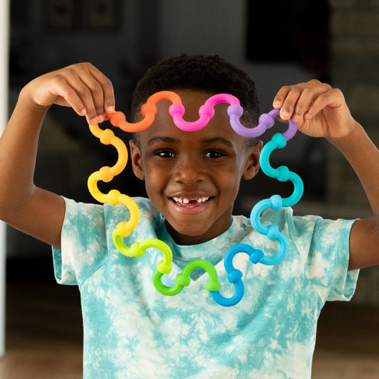 Fat Brain Toys Plip Links dishwasher-safe material for easy cleaning after play.