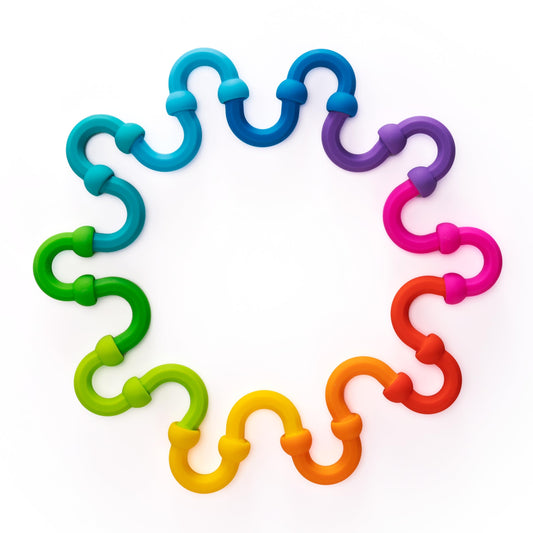 Fat Brain Toys Plip Links open-ended-creativity set with bright silicone pieces.
