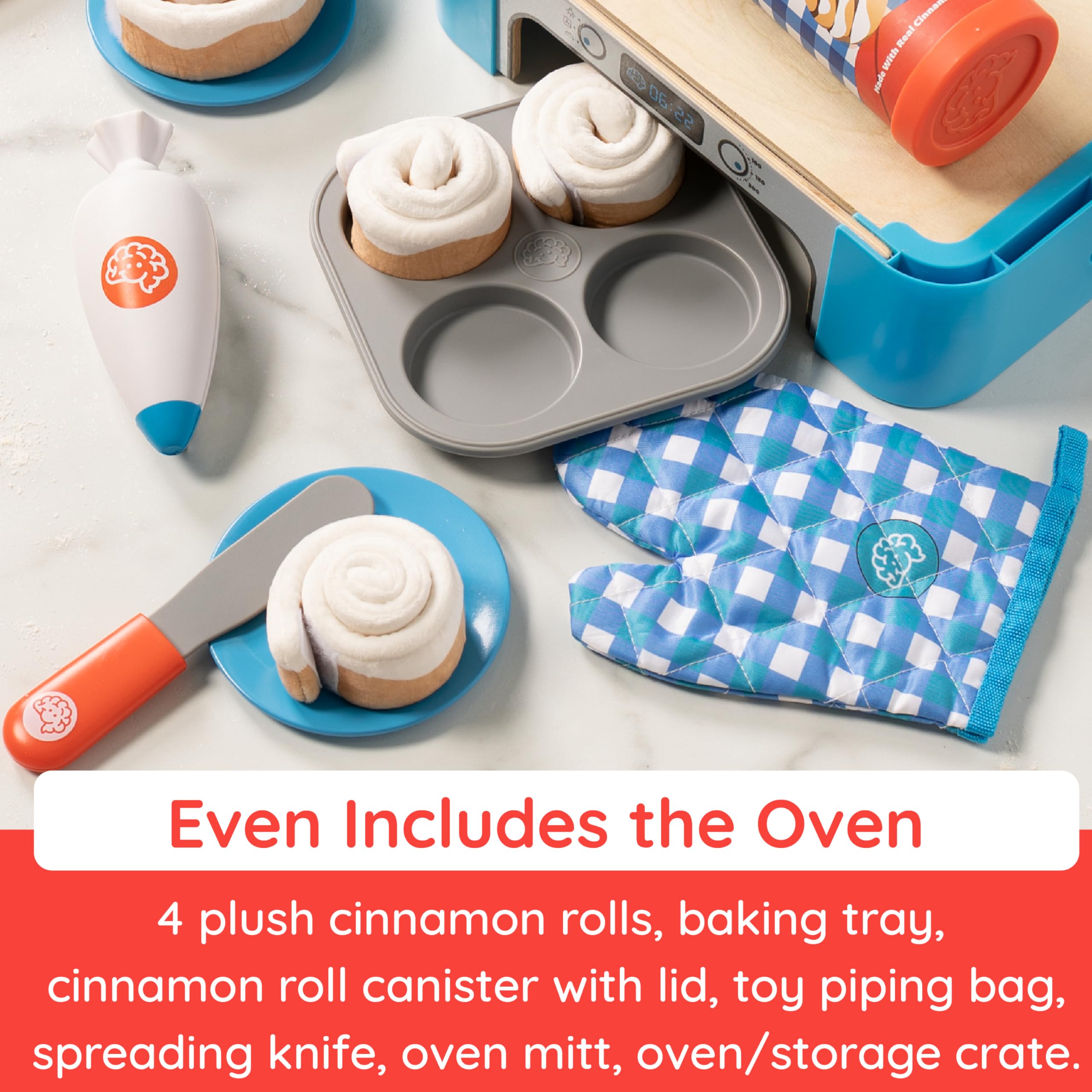 Fat Brain Toys Pretendables cinnamon roll baking tray supports quick pretend cooking setup.