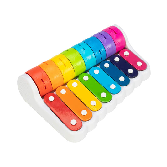 Fat Brain Toys Rock 'N Roller Piano bells closeup for vibrant sensory play