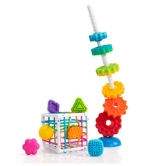 Fat Brain Toys SpinAgain discs on the corkscrew pole boost hand-eye coordination