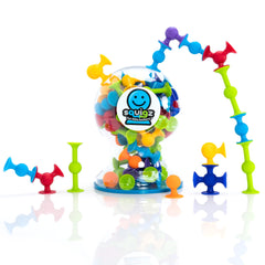 Fat Brain Toys Squigz Deluxe Set on shelf shows color variety for imaginative play.