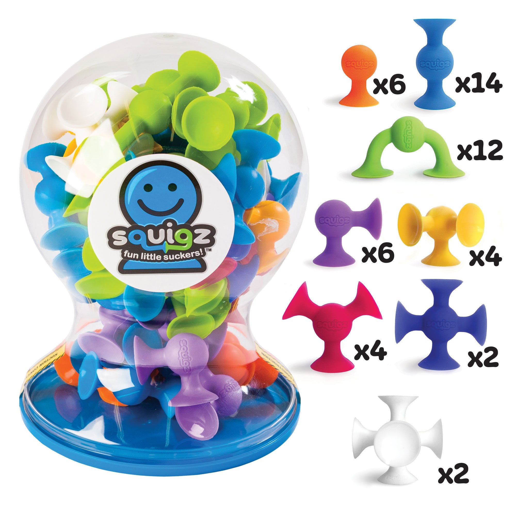 Fat Brain Toys Squigz Deluxe suction toys boost tactile play during bath time.