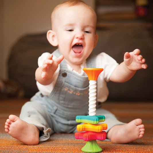Fat Brain Toys Tobbles base-balance demonstrates gravity-defying stacking for motor development