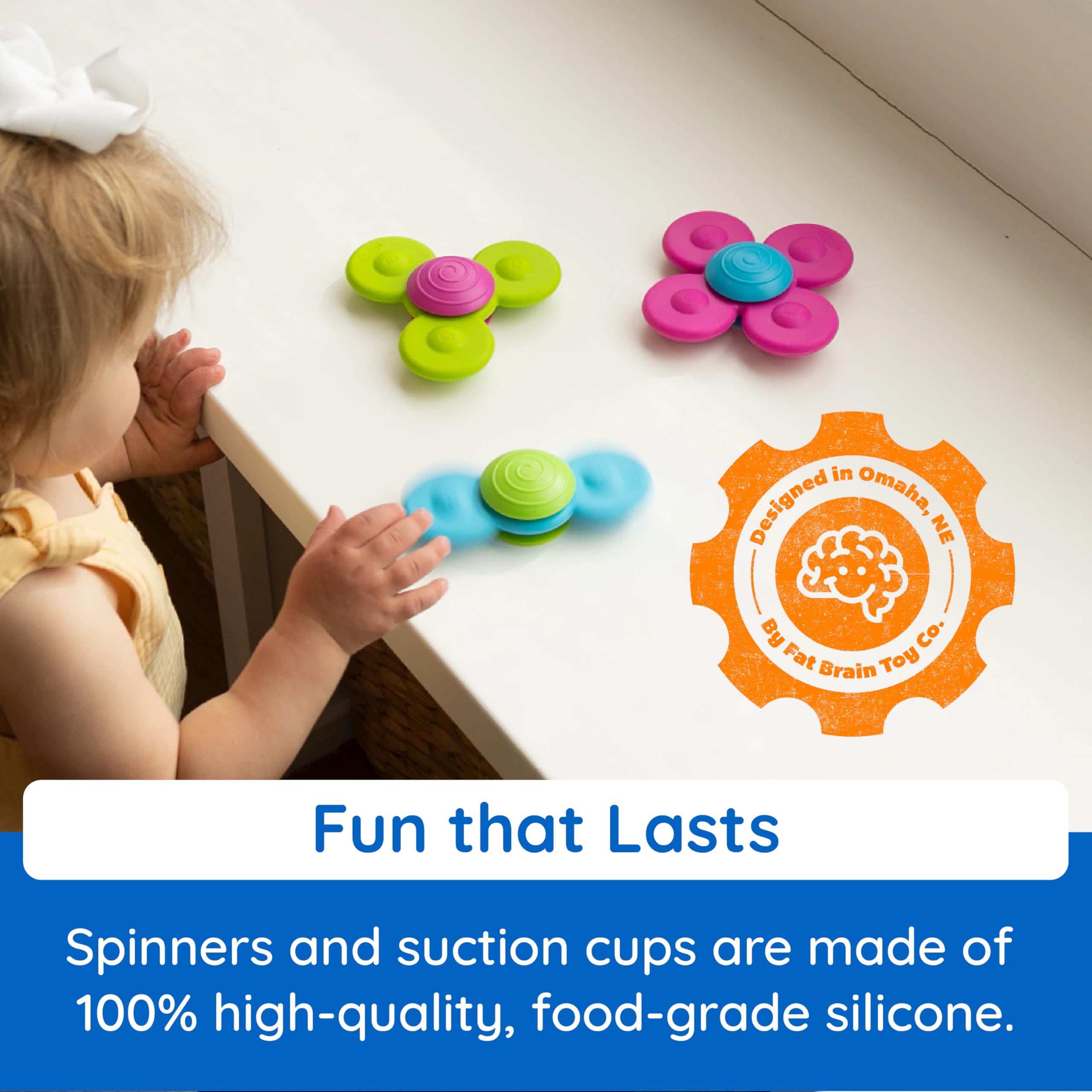 Whirly Squigz suction spinners provide stable play on tables or car trays.