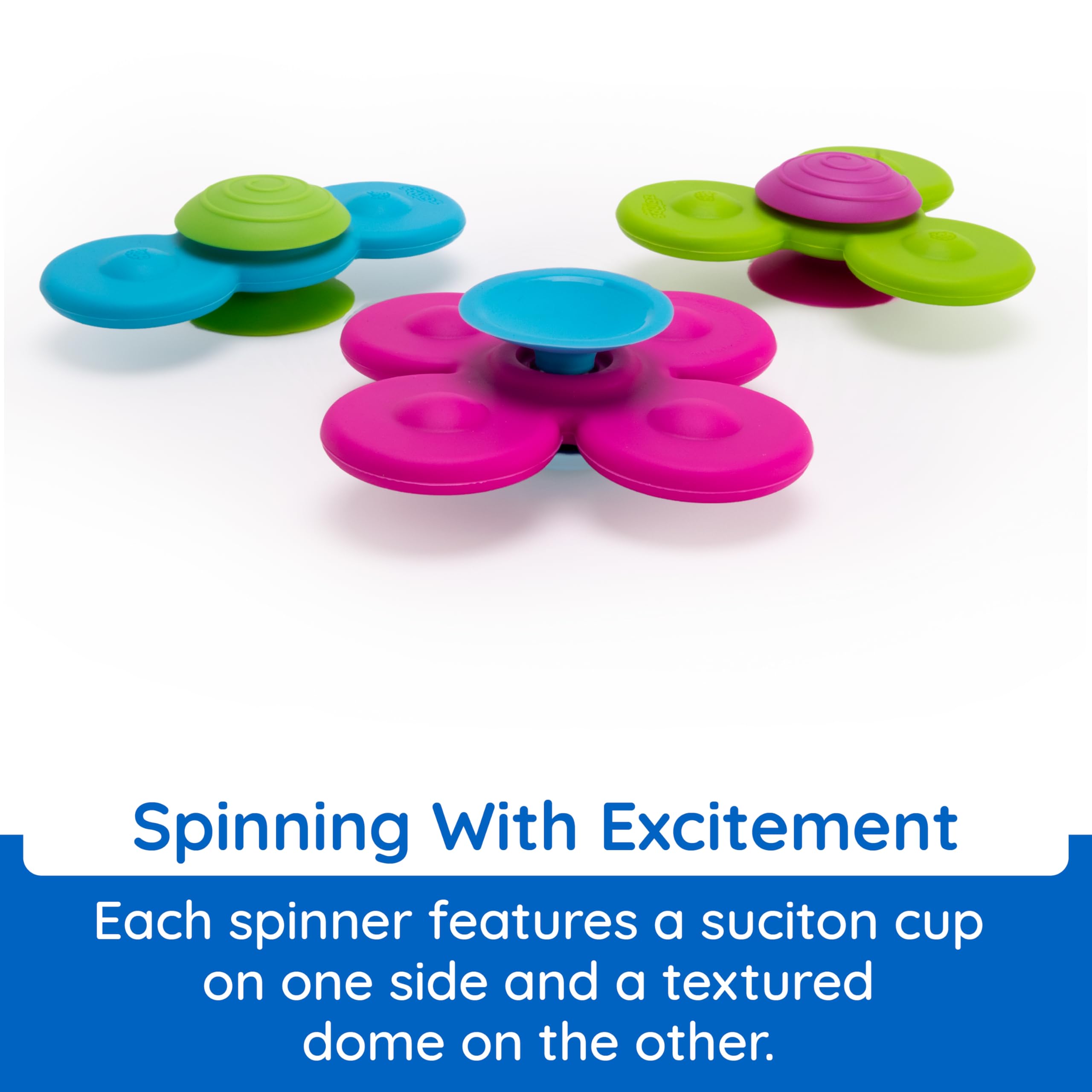 Whirly Squigz textured spinners encourage fine motor exploration.