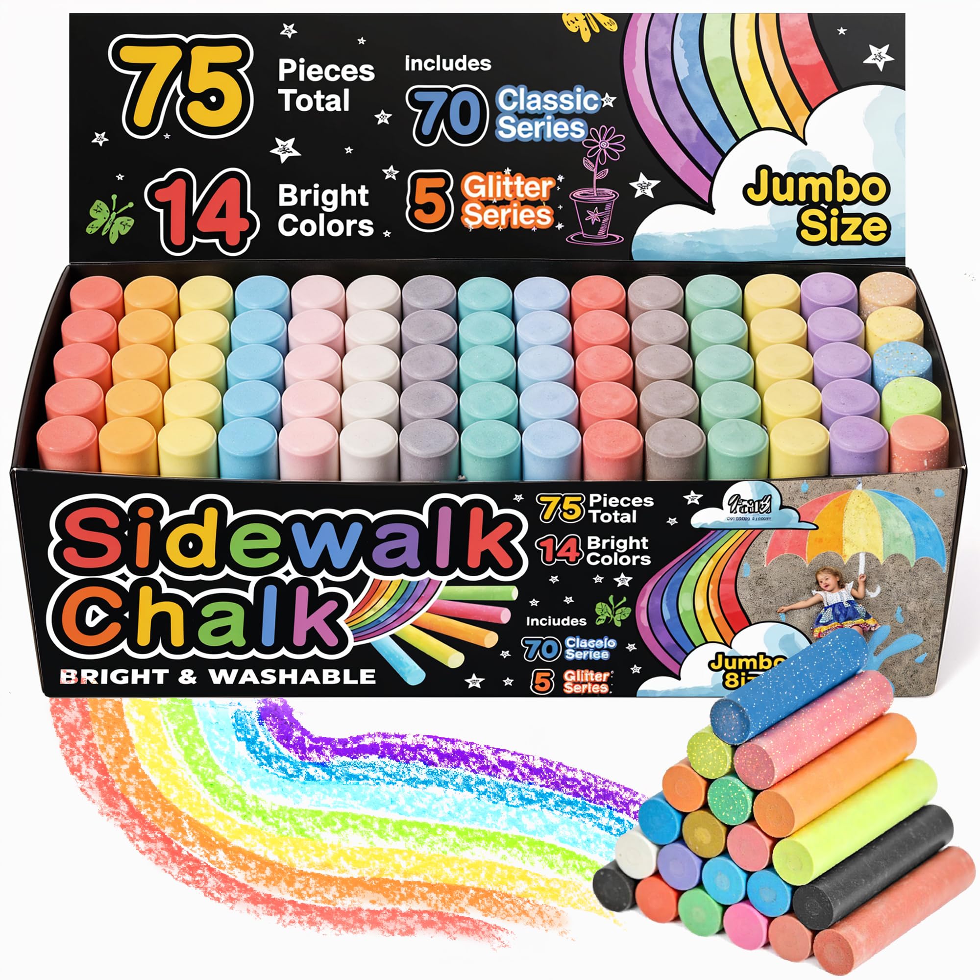 Fat Zebra Designs 75-piece sidewalk chalk set for vibrant outdoor art and easy cleanup.