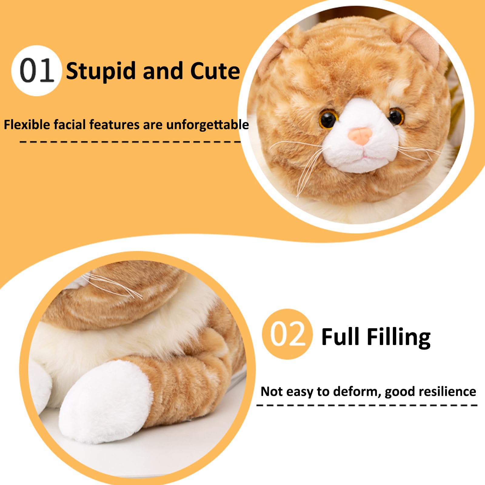 Fawowe cat weighted plush long side view, highlights length for lounging and decoration