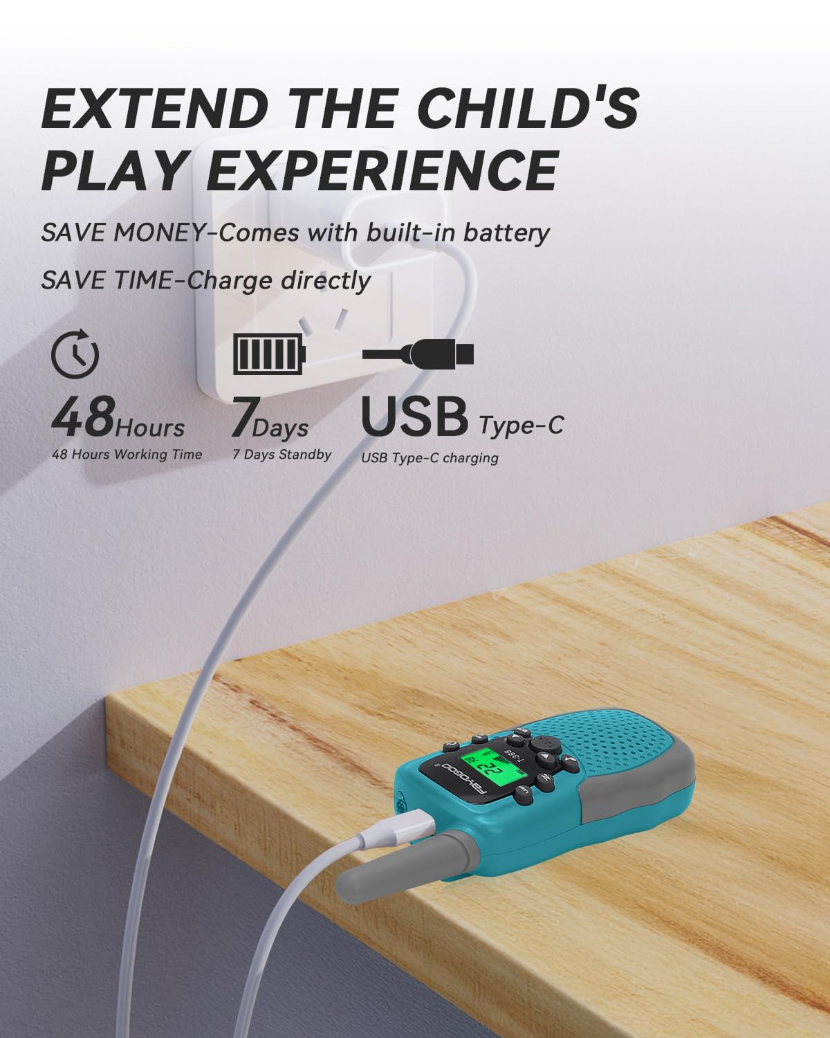 FAYOGOO walkie talkie kids rechargeable battery supports long play.