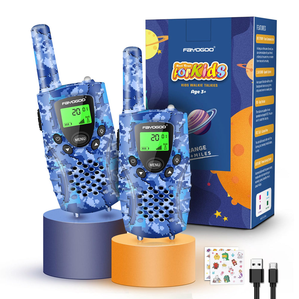 FAYOGOO kids walkie talkies, blue front view, compact and easy to handle for play