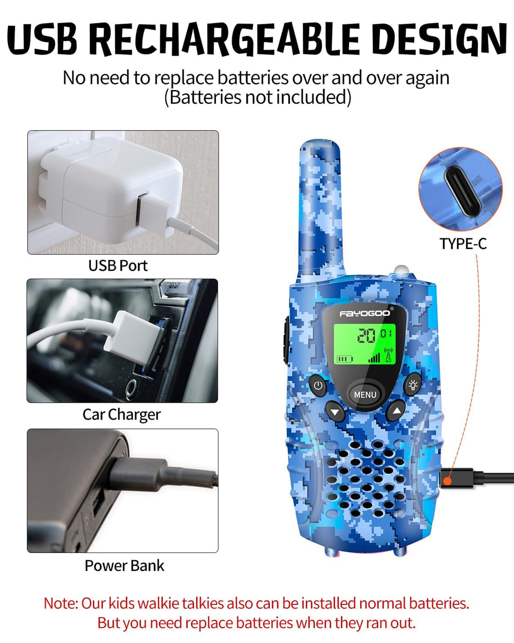 FAYOGOO walkie talkies, blue recharge port, convenient Type-C charging