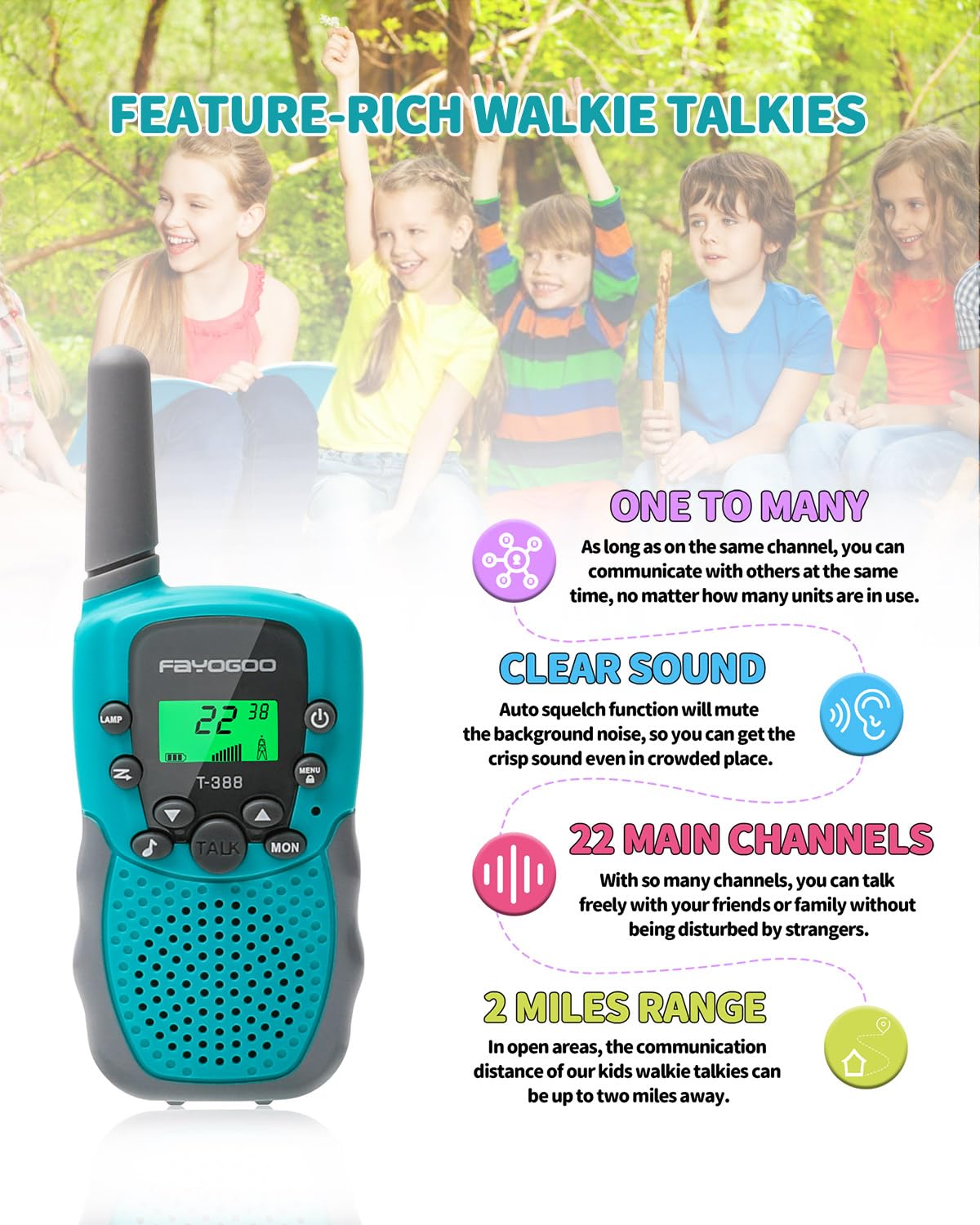 FAYOGOO kids walkie talkies feature durable design for everyday adventures.
