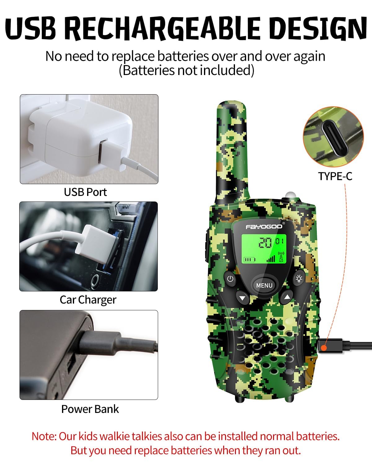 FAYOGOO kids green walkie talkies back view showcasing compact design