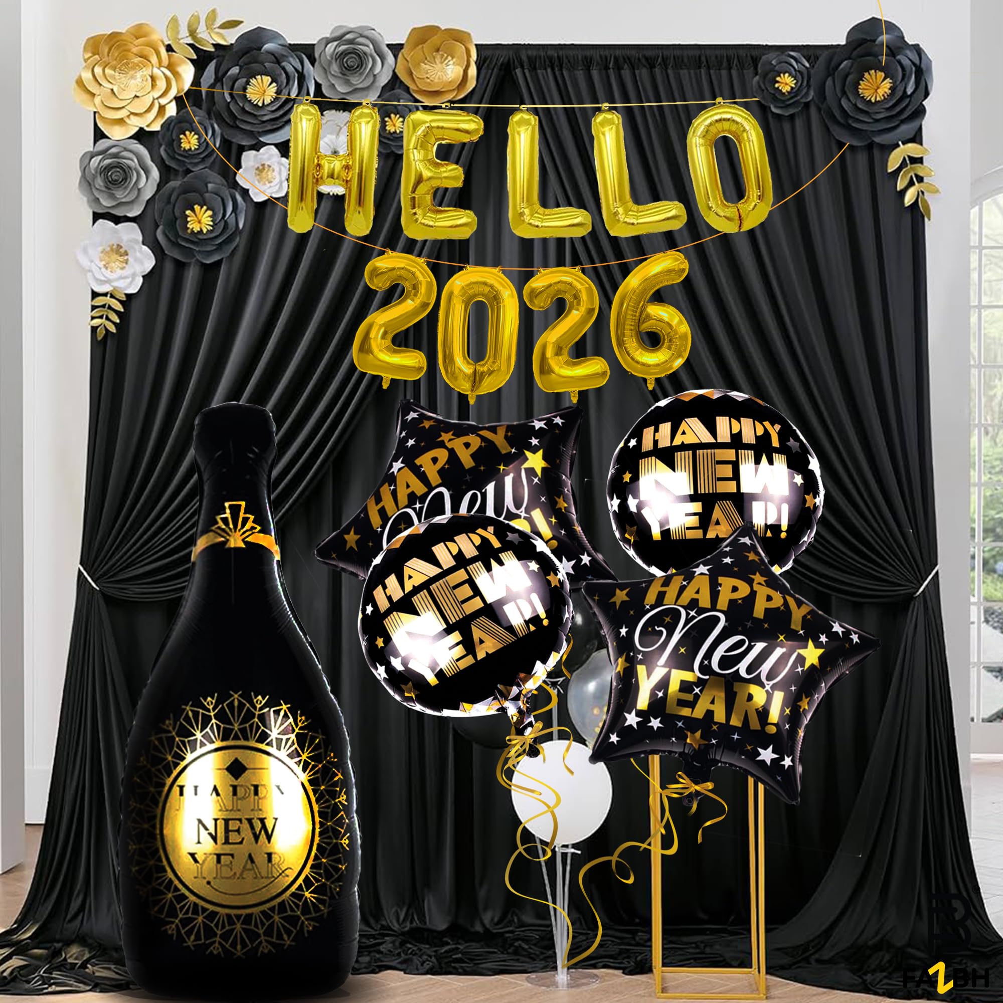 FazBh 40in giant champagne balloon creates a dramatic NYE focal point.
