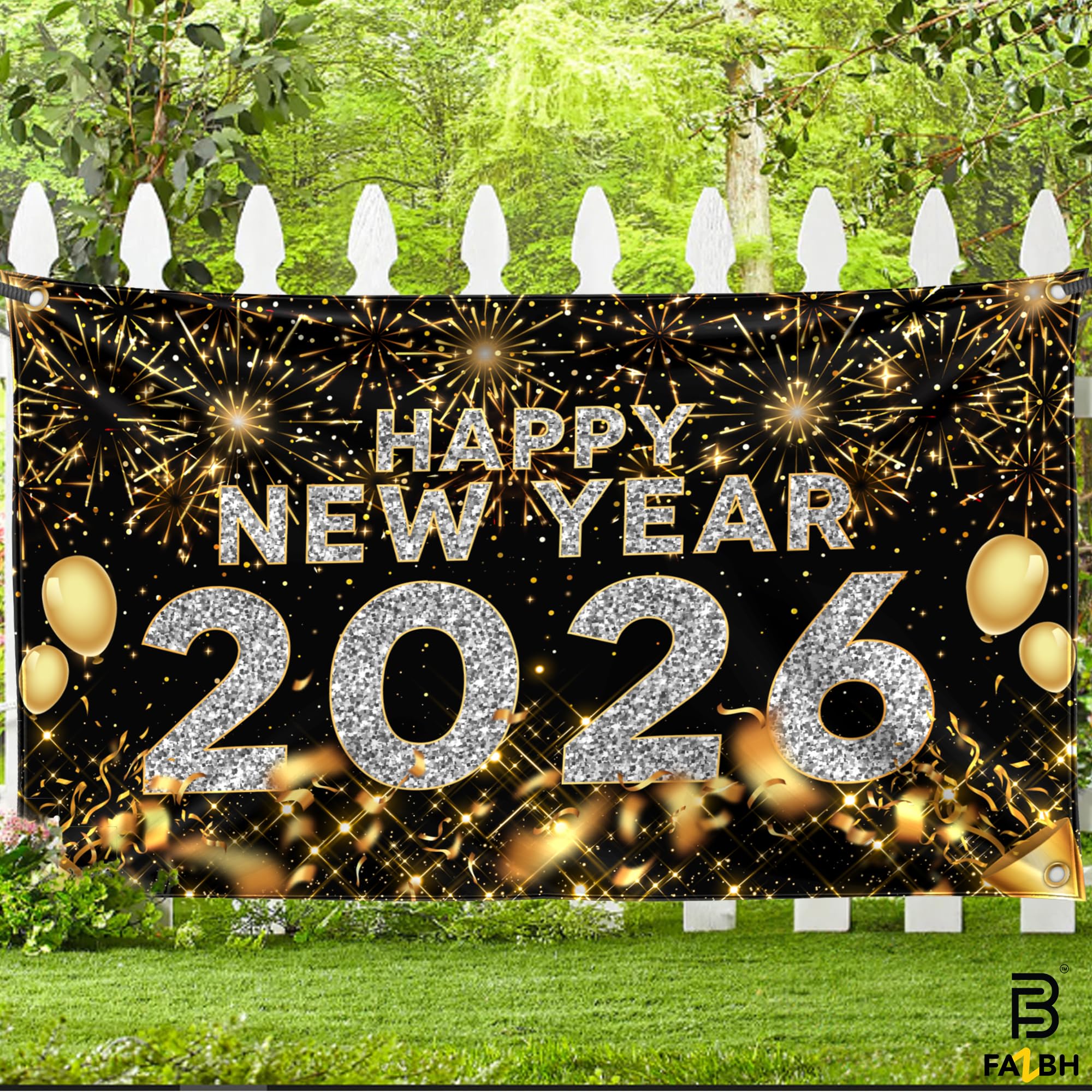 FazBh gold lettering with fireworks design enhances festive ambiance