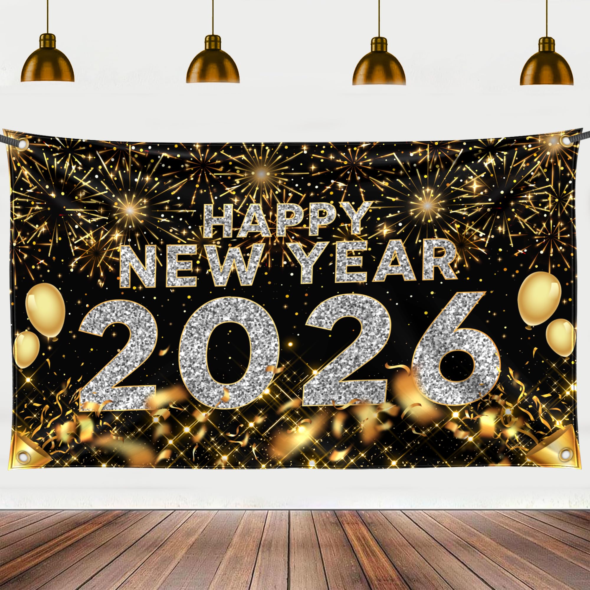 FazBh Happy New Year Banner 72x44 inch serves as a bold indoor-outdoor centerpiece for celebrations