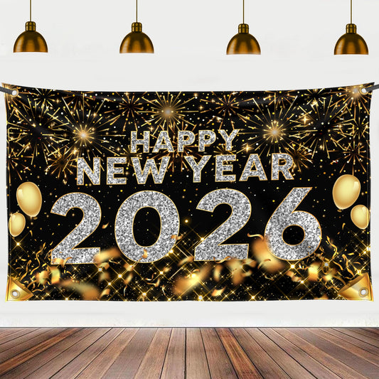 FazBh Happy New Year Banner 72x44 inch serves as a bold indoor-outdoor centerpiece for celebrations
