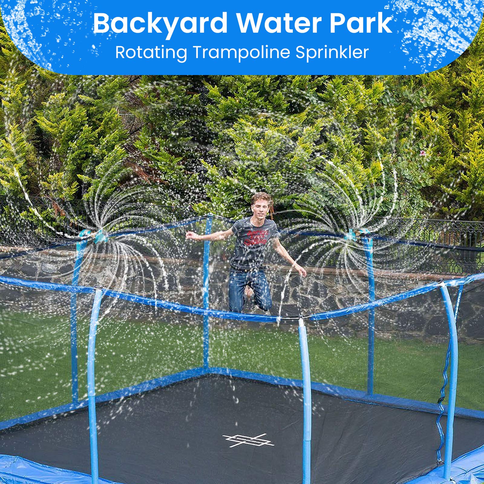 FCLLD trampoline sprinkler rotating arms deliver 360-degree coverage