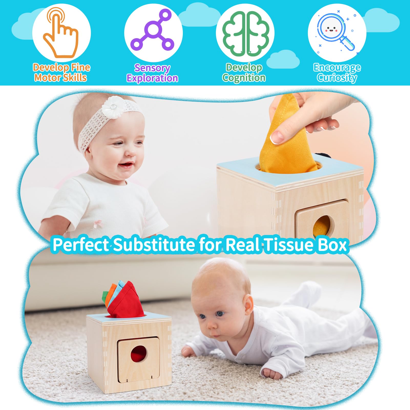 FCSONU tissue box toy tissues in drawer demonstrate cause and effect