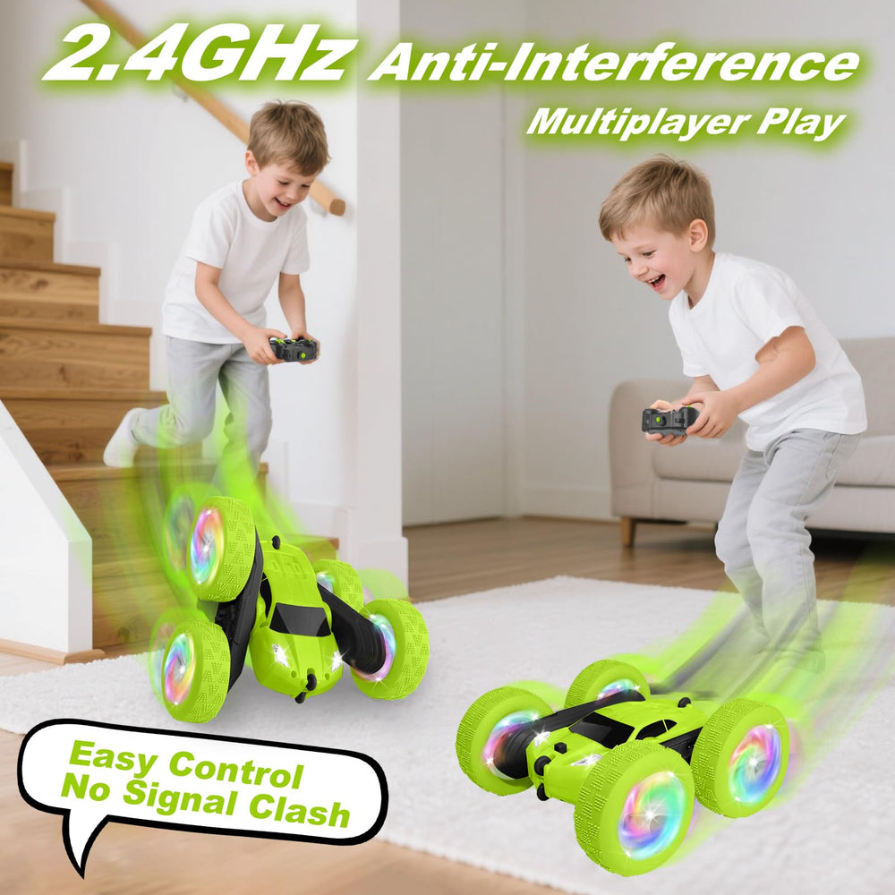 FDCTR green RC car flip-action highlights 360° stunts.