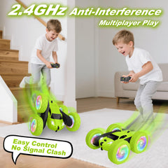 FDCTR green RC car flip-action highlights 360° stunts.