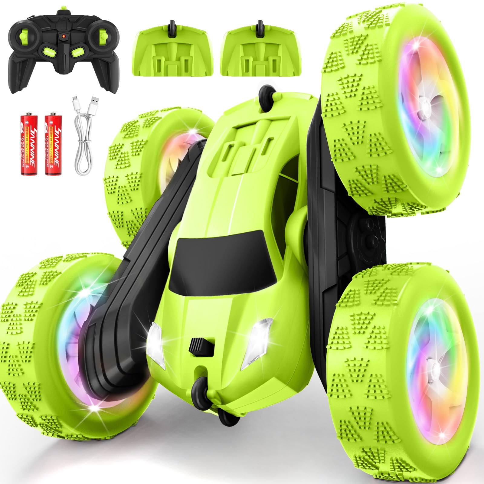 FDCTR green RC car front view shows durable ABS shell for outdoor fun.