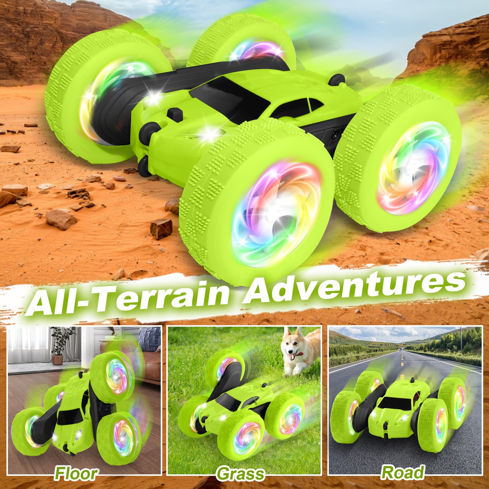 FDCTR green RC car LED headlights for glowing play at night.