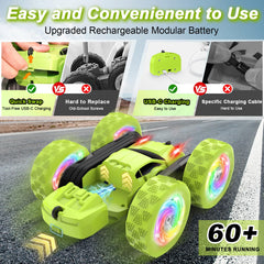 FDCTR green RC car side view emphasizes maneuverability for kids.