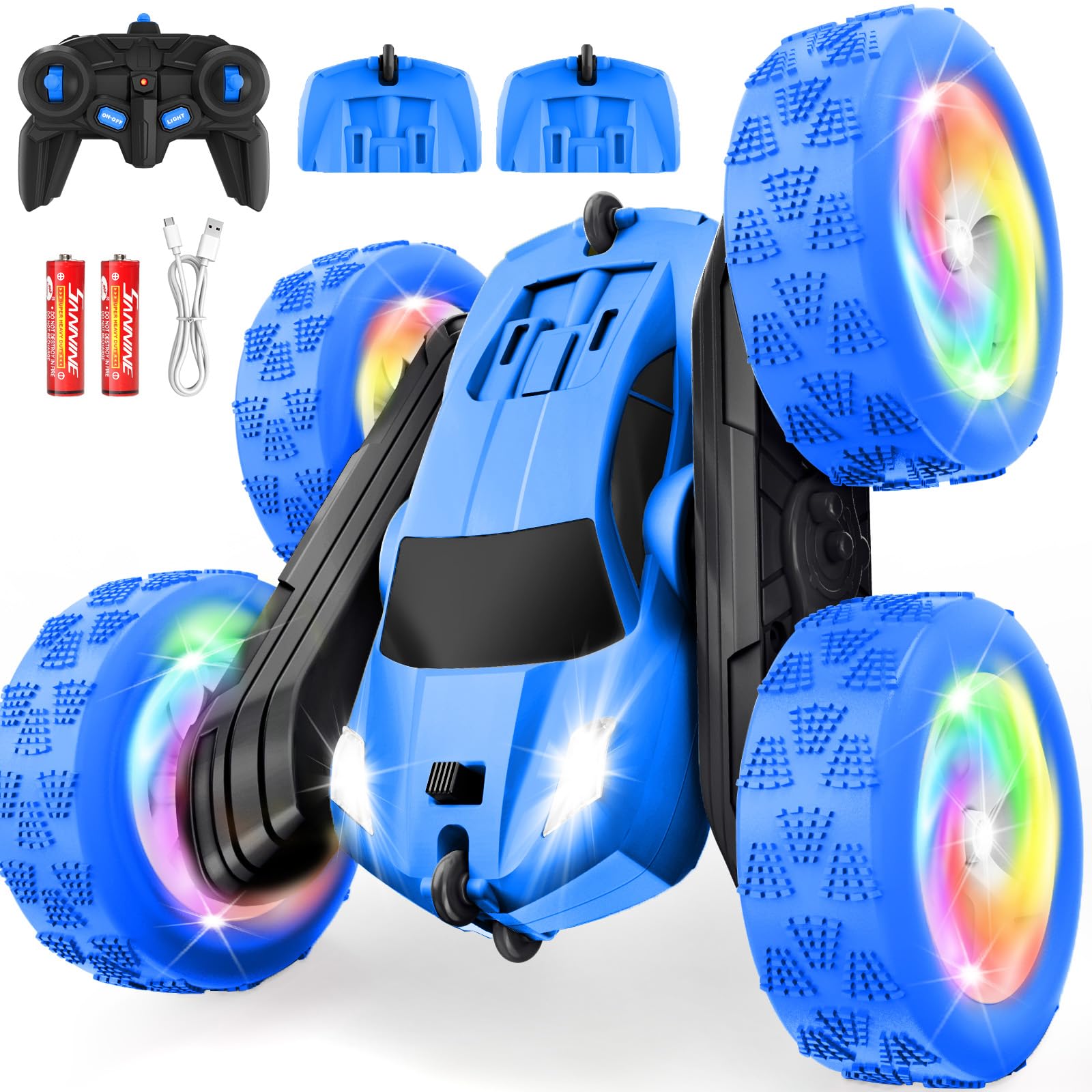 FDCTR blue 4WD RC car front view with LED lights for stunts