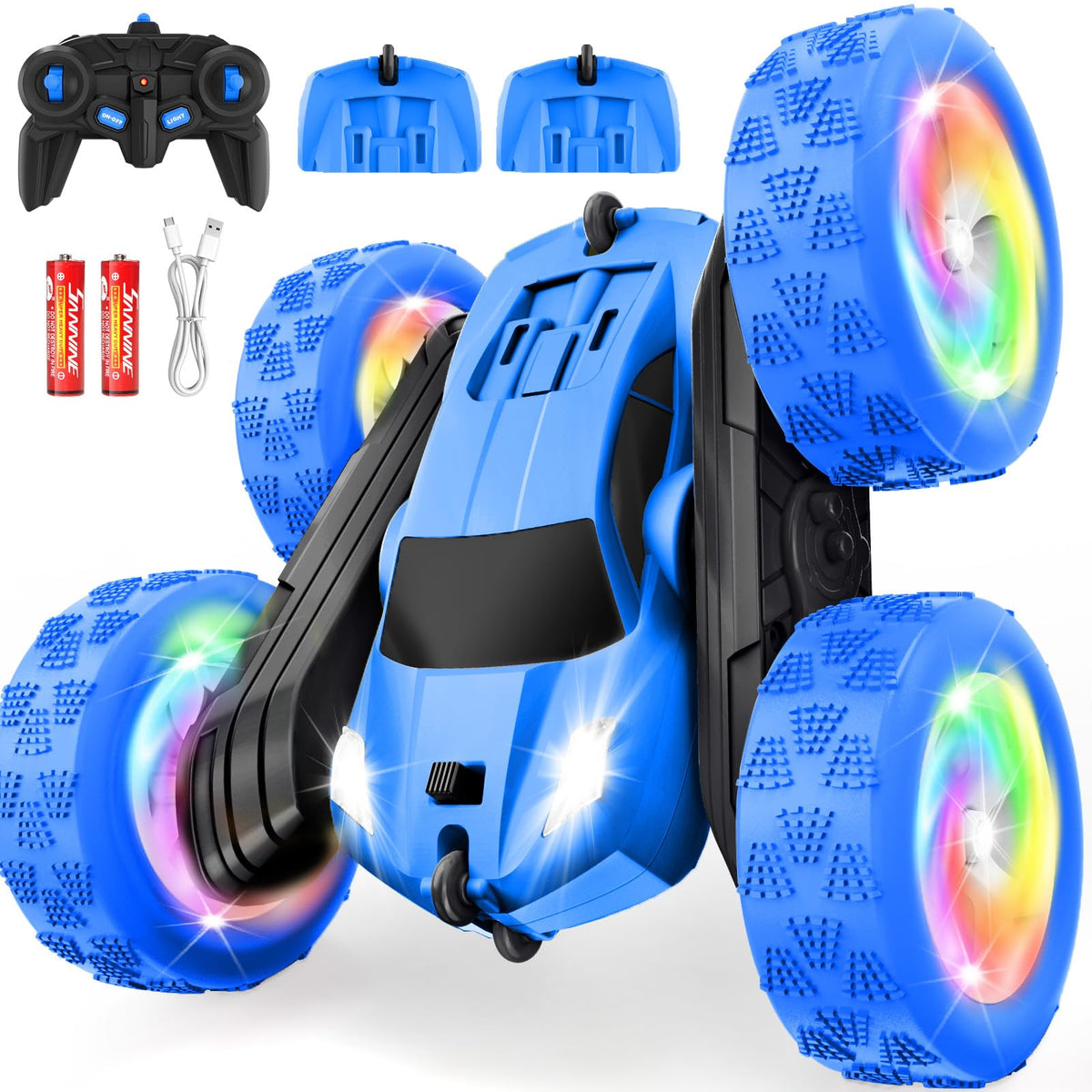FDCTR blue 4WD RC car front view with LED lights for stunts