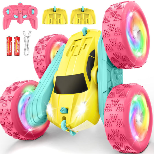 FDCTR remote control car front view in yellow-pink, ideal for lively indoor play.