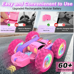 FDCTR RC car pink-purple side view highlighting durable body for outdoor play.
