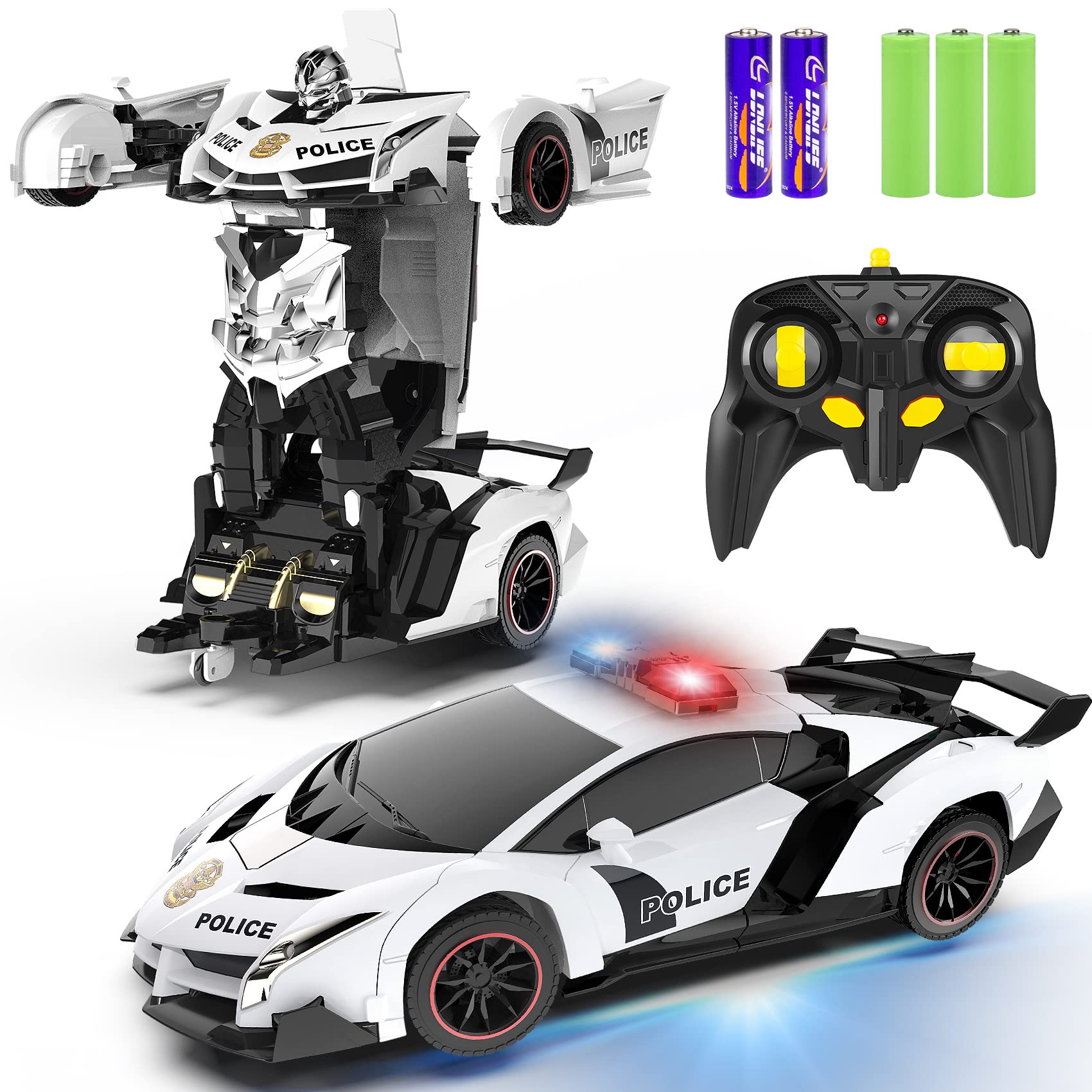 FDJ transforming police car front view demonstrates quick car-to-robot conversion.