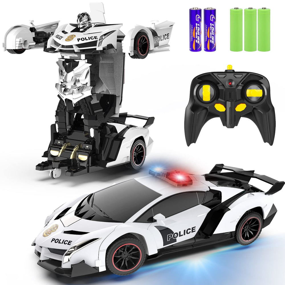 FDJ transforming police car front view demonstrates quick car-to-robot conversion.