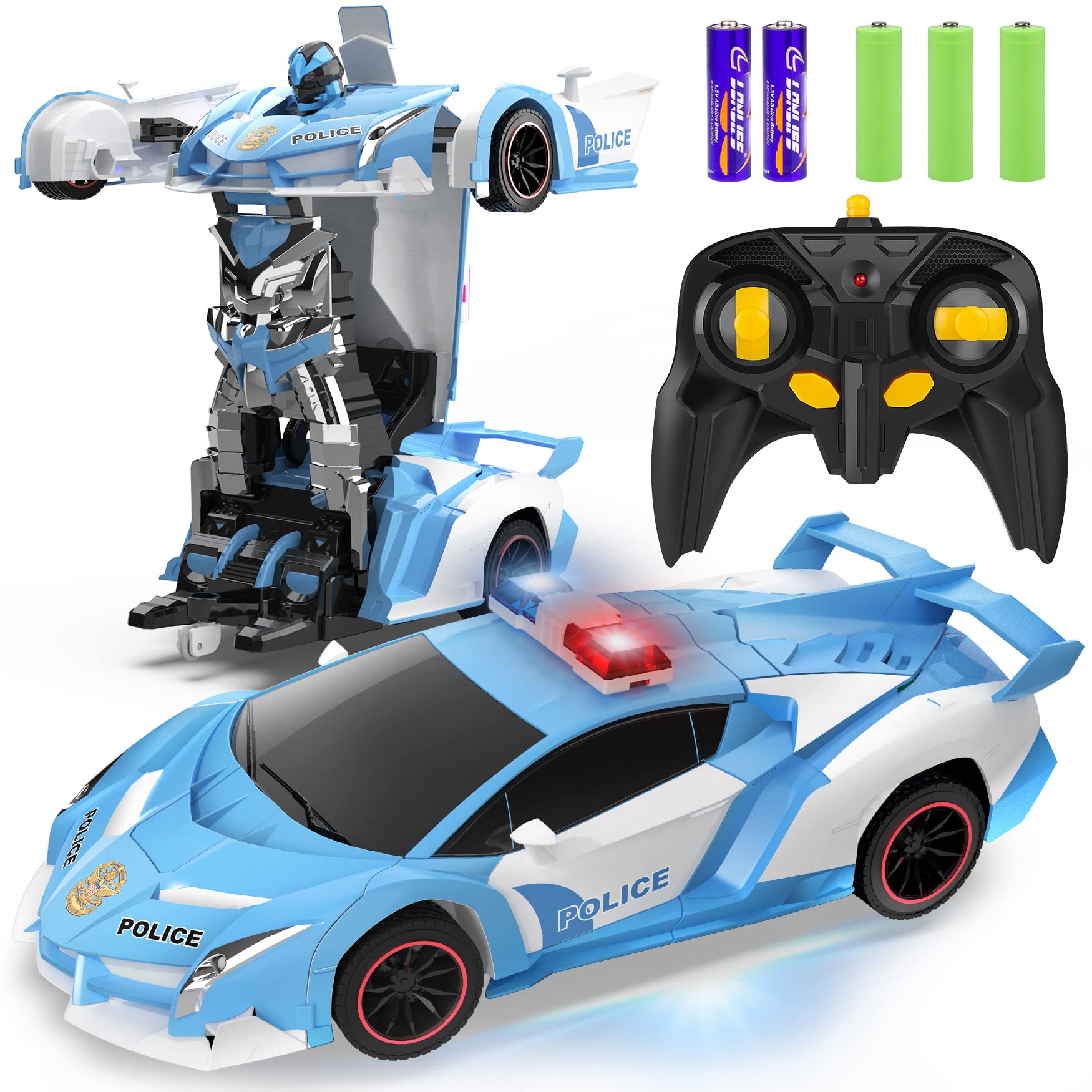 FDJ transforming police car front view with bright LED lights for realism