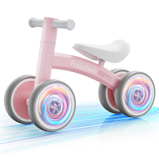 Fealarfaith baby balance bike with LED four-wheel lights for safe, engaging rides