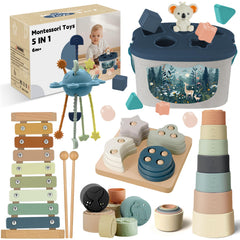 FEBALHS Montessori 5-in-1 set shown for baby exploration with colorful components.