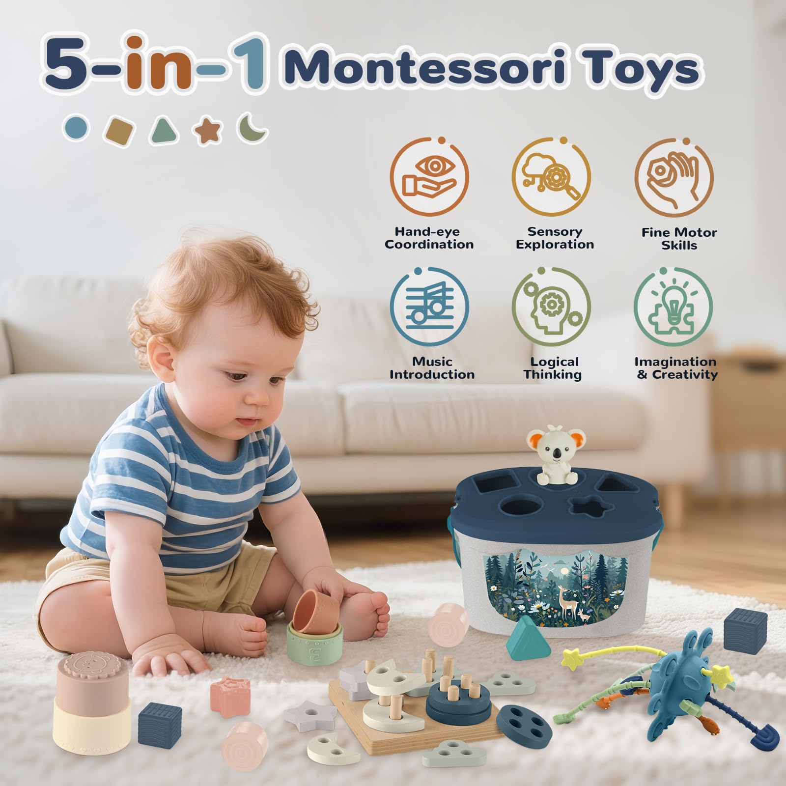 FEBALHS silicone stacking cups in bright colors for teething and sensory play.