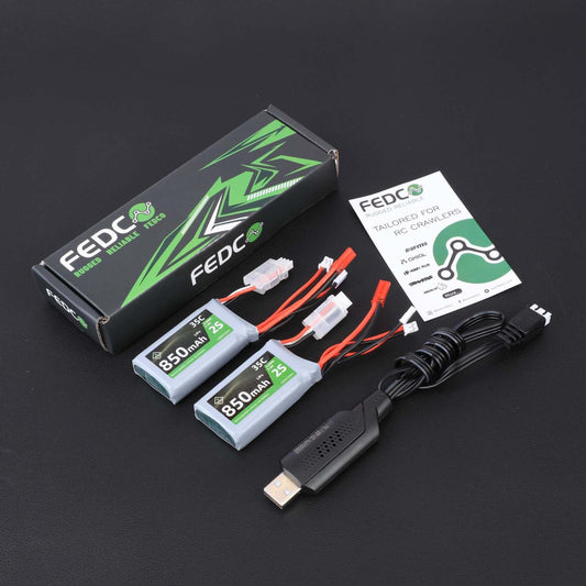 FEDCO USB charger image highlighting quick recharge for 2S LiPo packs