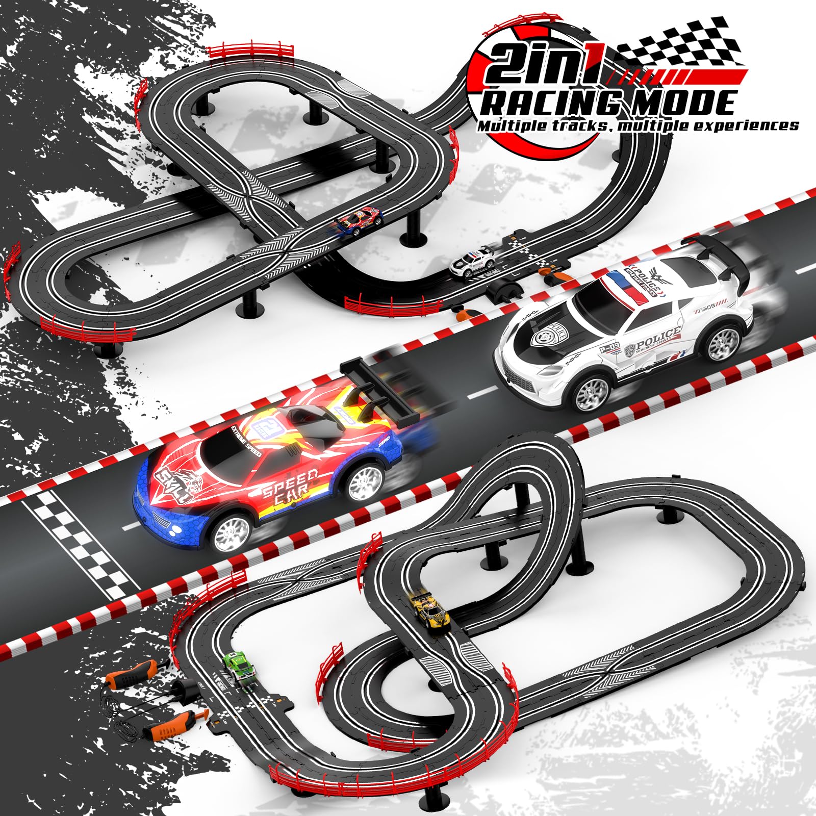 Fedonak 2-in-1 slot car track curved sections enable fast lap battles.