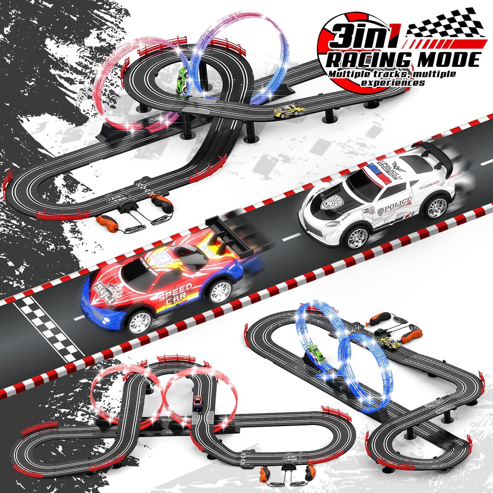 Fedonak four high speed slot cars with LED lights for dramatic nighttime racing