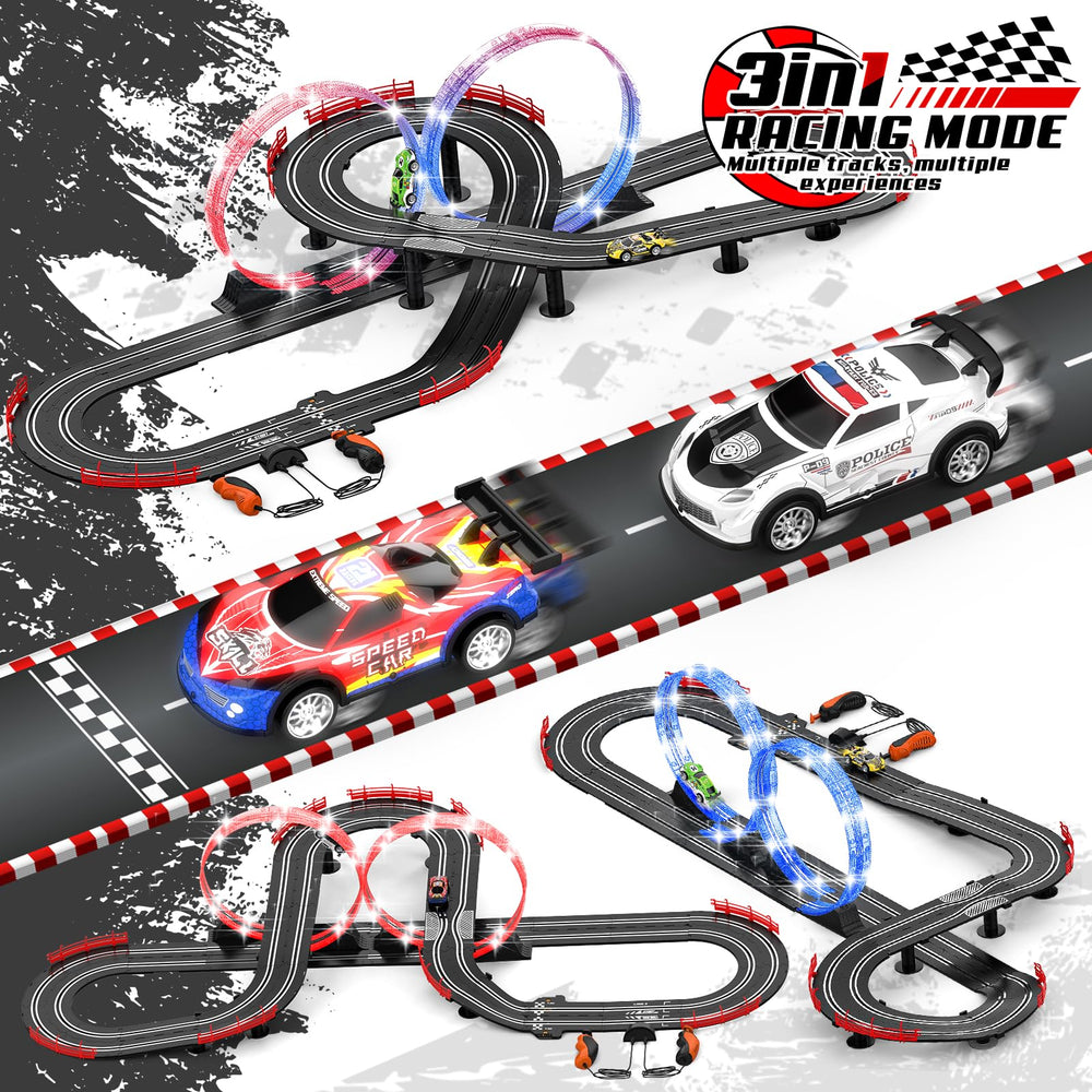 Fedonak four high speed slot cars with LED lights for dramatic nighttime racing