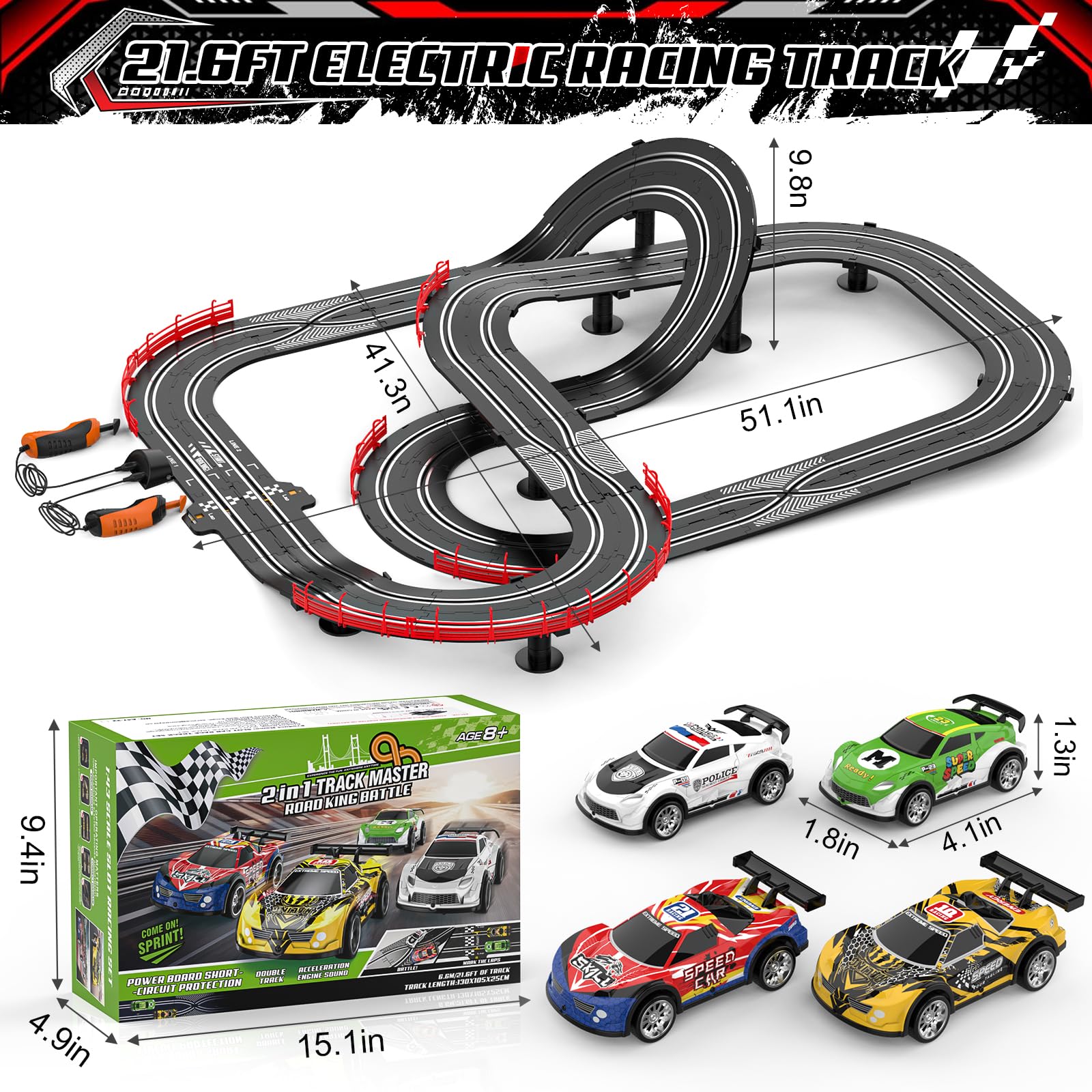 Fedonak remote-control cars on track enable two-player competition.