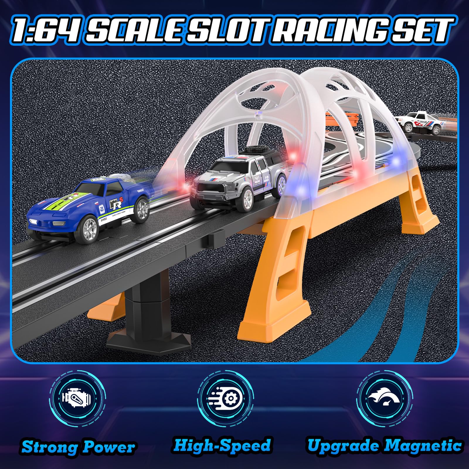 Fedonak slot track bridge with LEDs adds visual excitement during races.