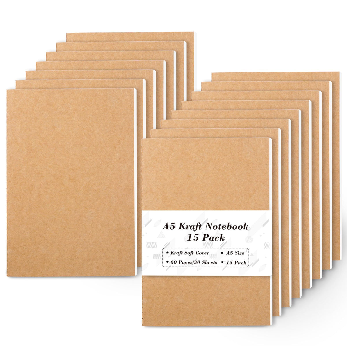 Feela 15-pack A5 kraft notebooks with soft covers for easy on the go writing