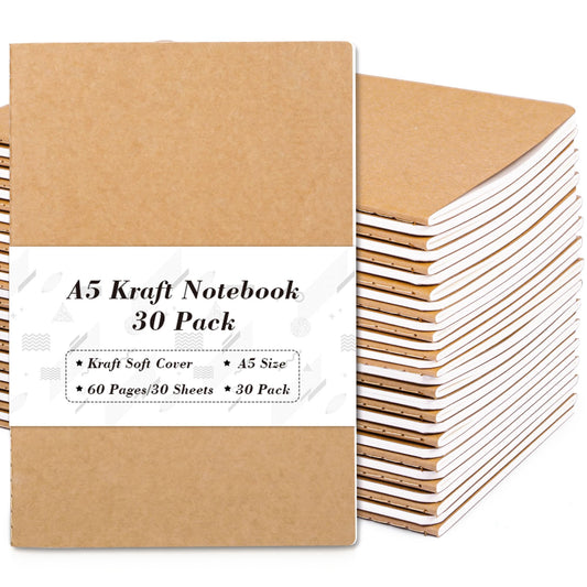Feela 30-pack kraft notebooks stacked showing sturdy covers for portable notes