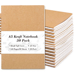 Feela 30-pack kraft notebooks stacked showing sturdy covers for portable notes